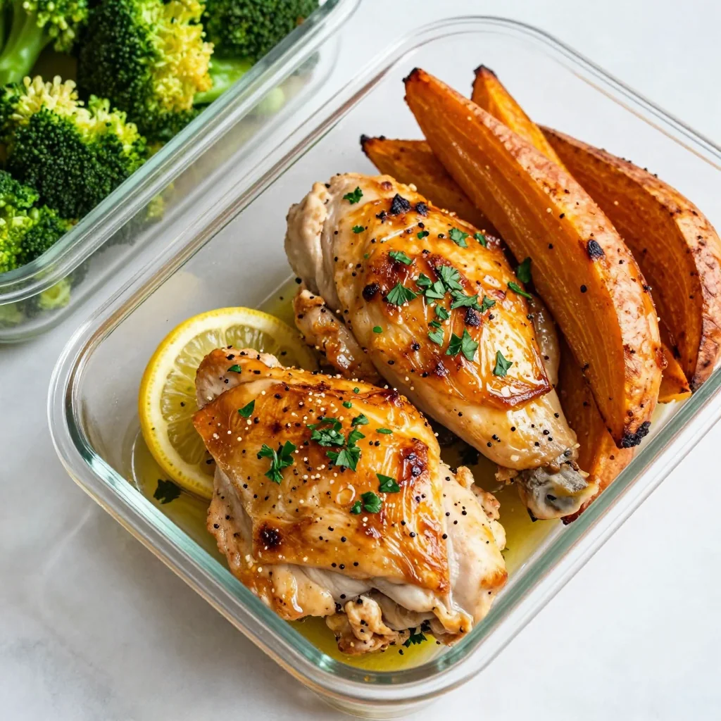 meal prep friendly lemon garlic chicken with roasted sweet potatoes