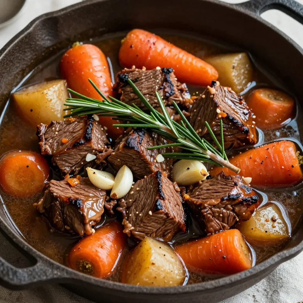 one pot beef and root vegetable stew with fresh rosemary and garlic