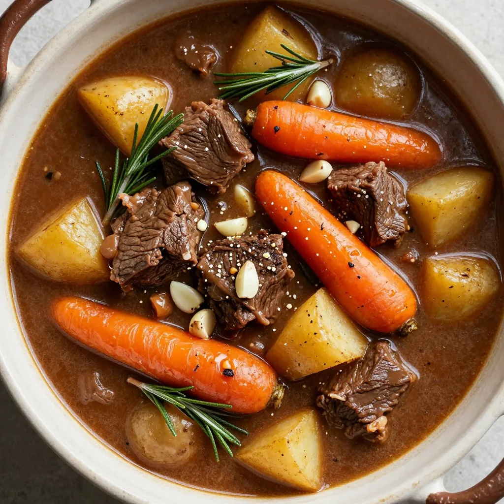 one pot beef and root vegetable stew with fresh rosemary and garlic