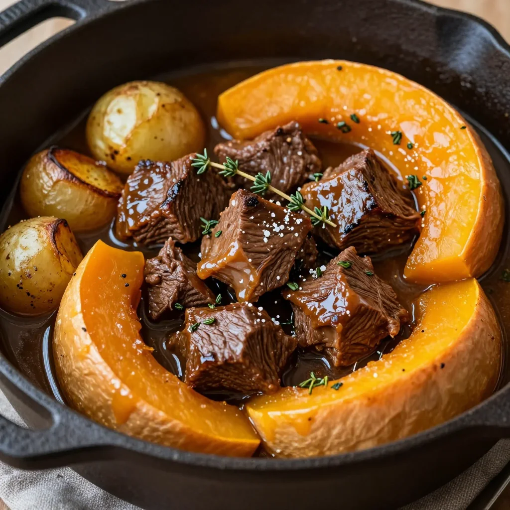 one pot beef and winter squash stew with roasted potatoes