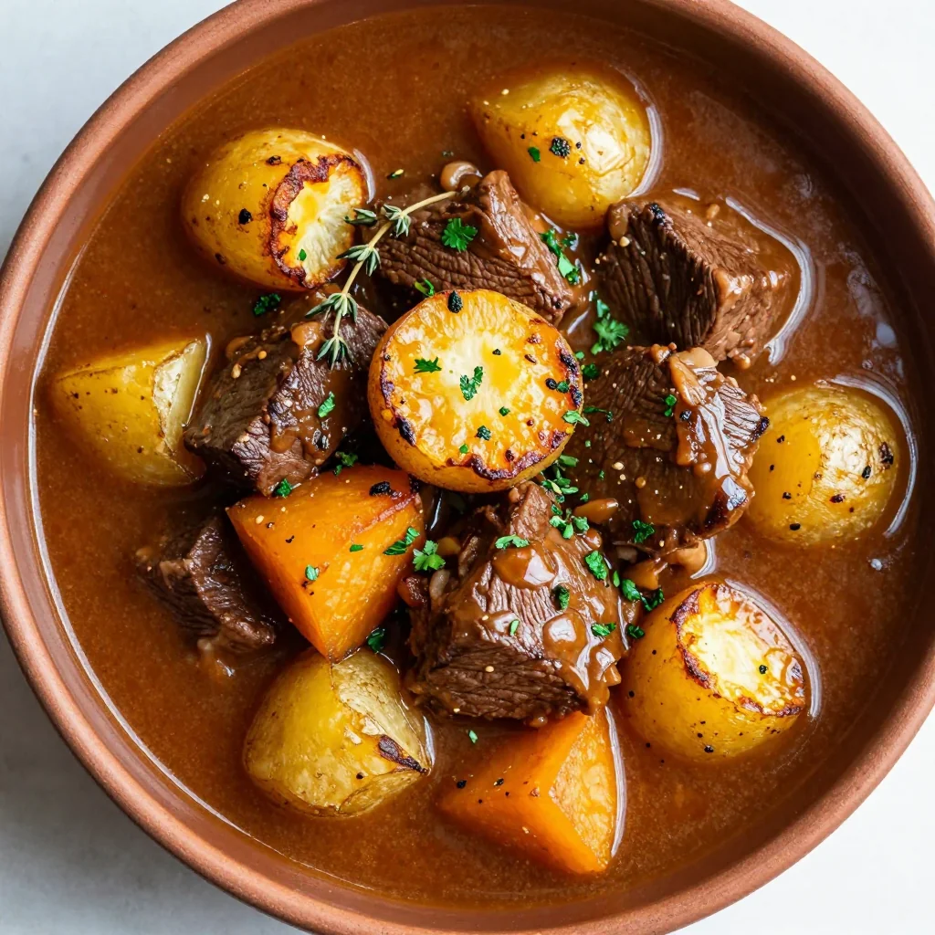 one pot beef and winter squash stew with roasted potatoes