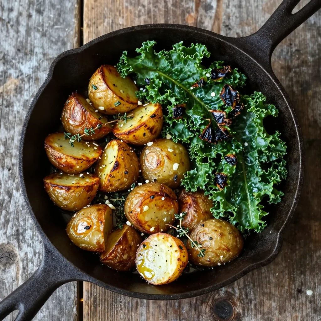 one pot garlic and herb roasted potatoes with kale for january meals