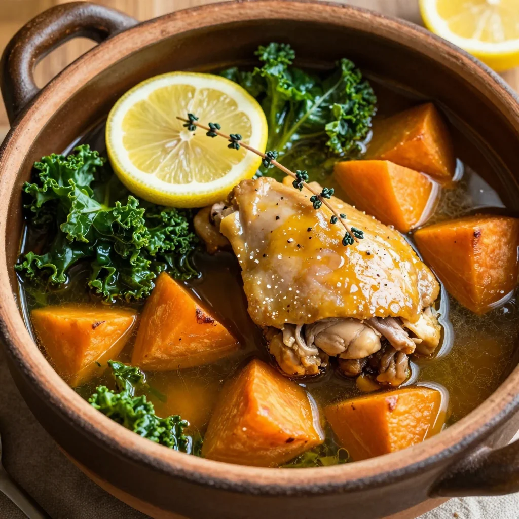 one pot garlic and lemon chicken soup with winter greens and sweet potatoes