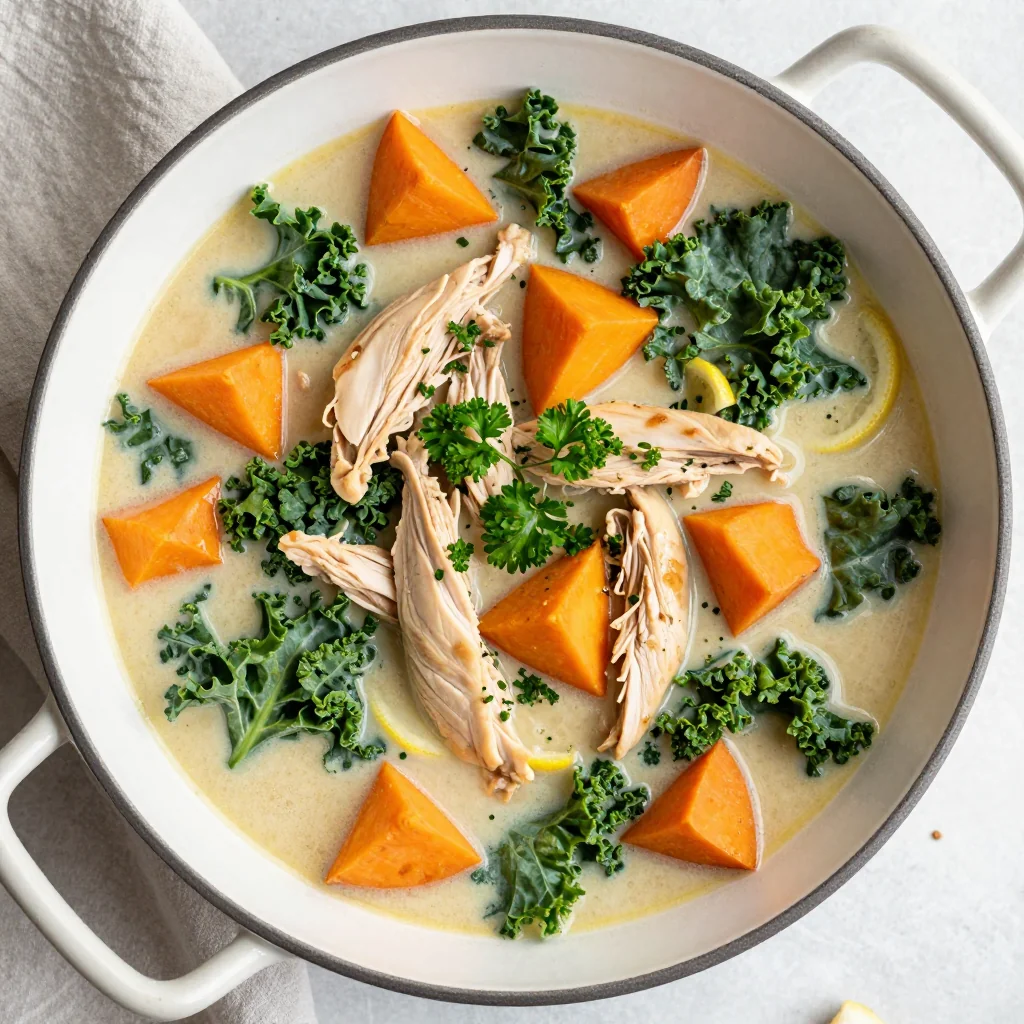 one pot garlic and lemon chicken soup with winter greens and sweet potatoes