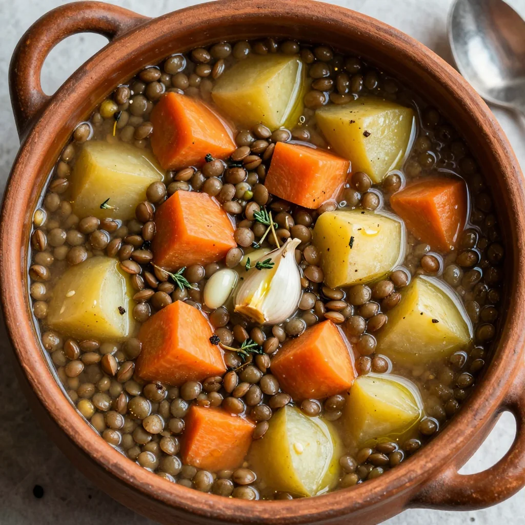 one pot lentil and root vegetable soup with garlic for family dinners