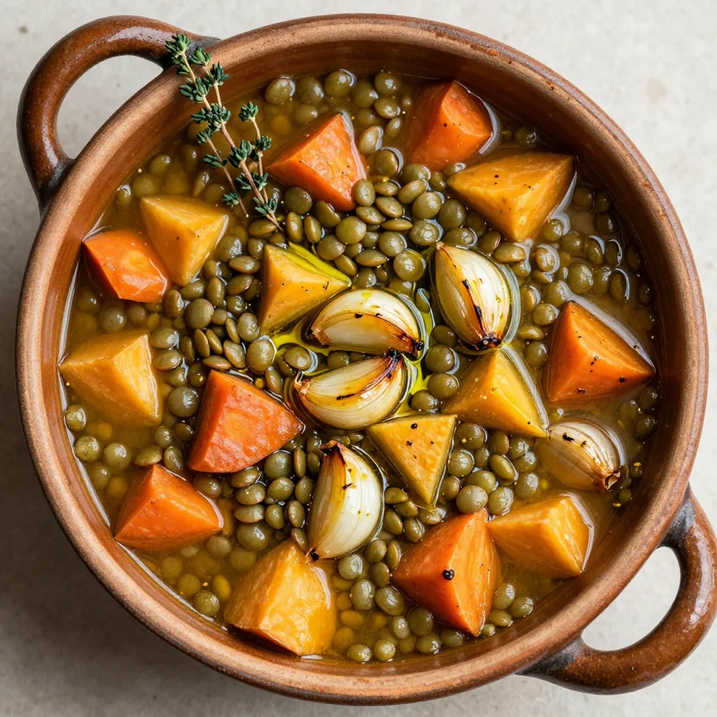 one pot lentil and root vegetable soup with garlic for family dinners