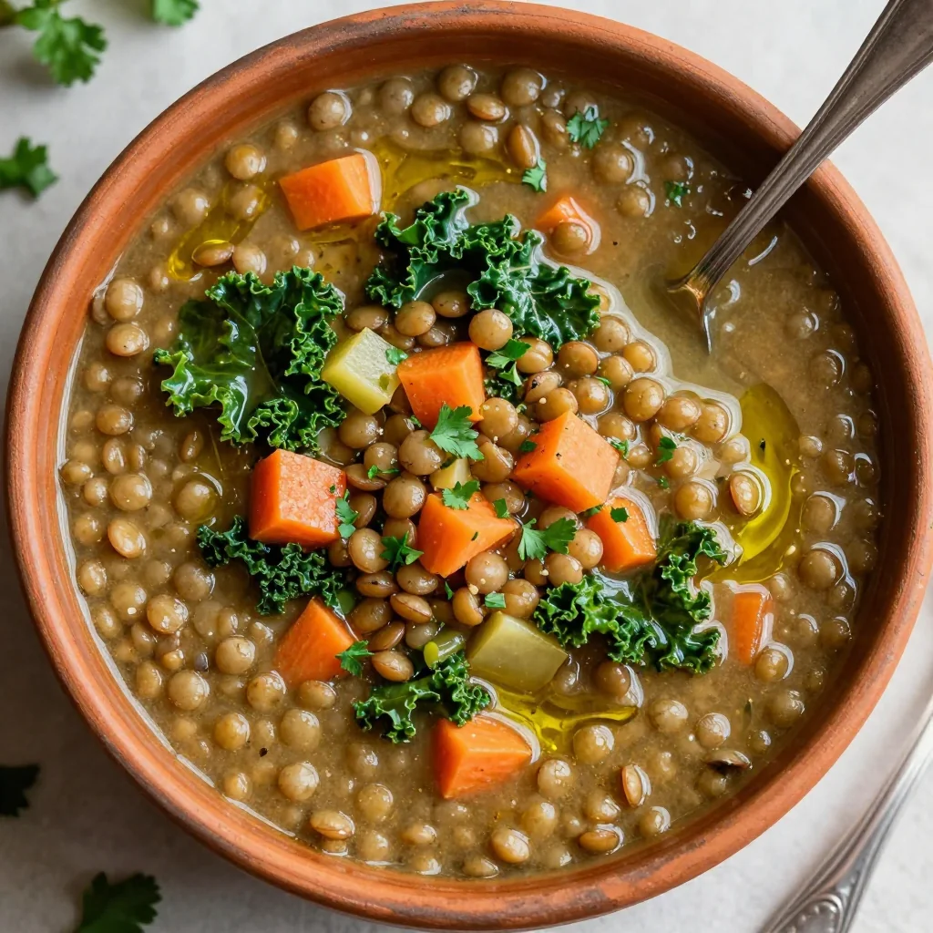 onepot hearty lentil soup with carrots kale and root vegetables
