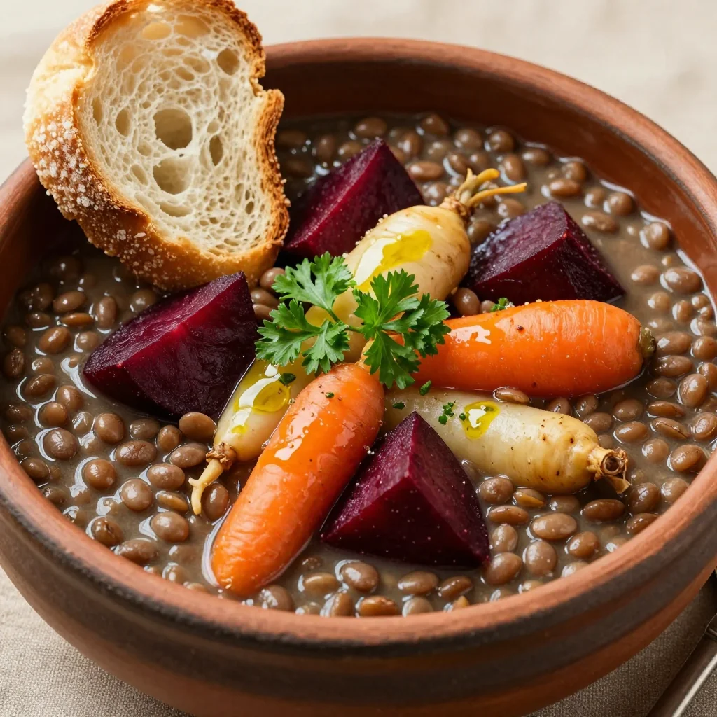 onepot lentil and roasted root vegetable stew for comforting dinners