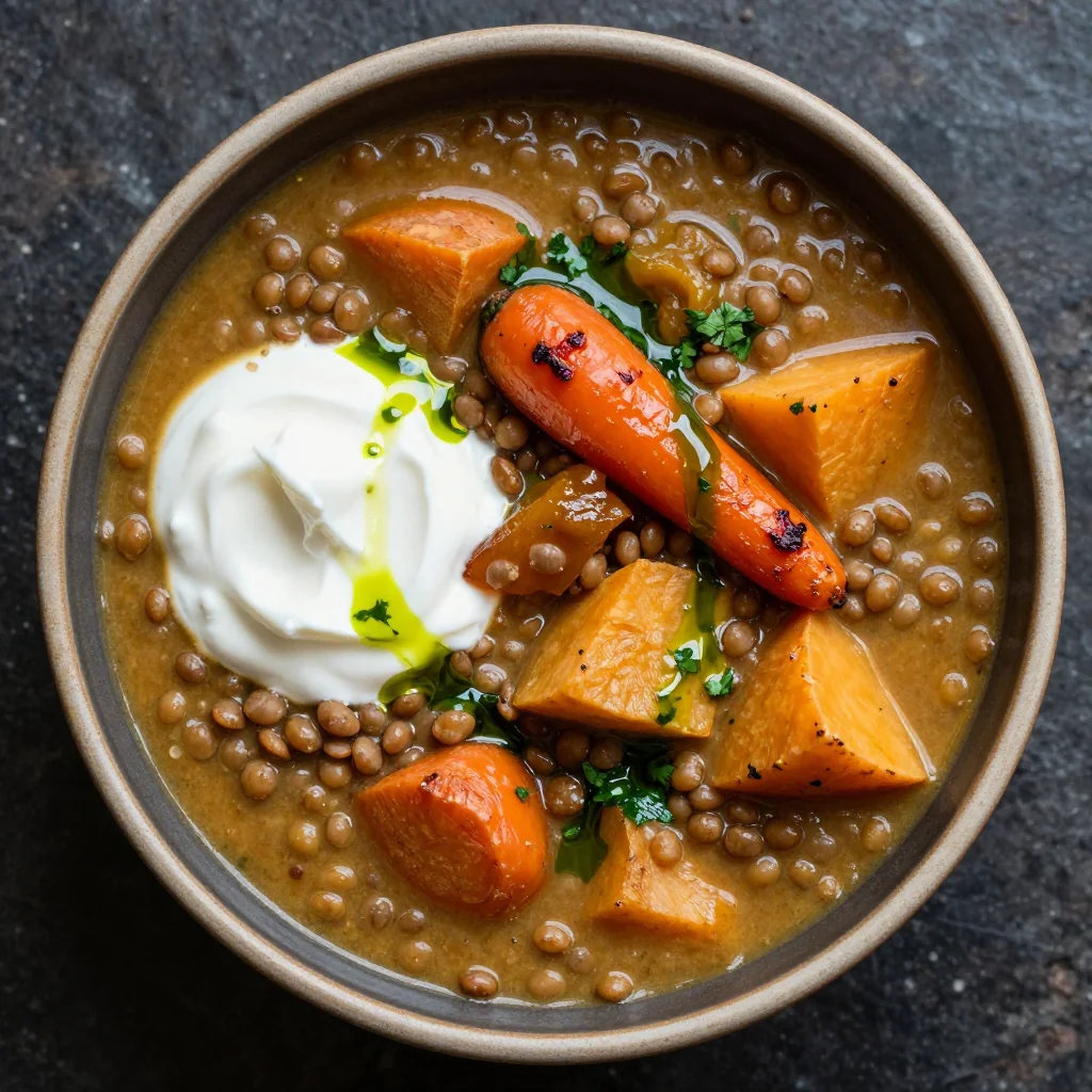 onepot lentil and roasted root vegetable stew for comforting dinners