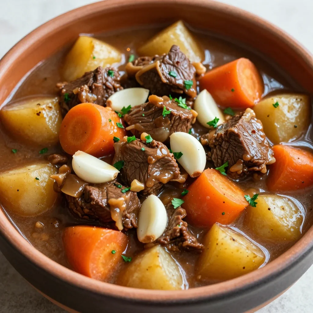 onepot slow cooker beef and root vegetable stew with fresh garlic