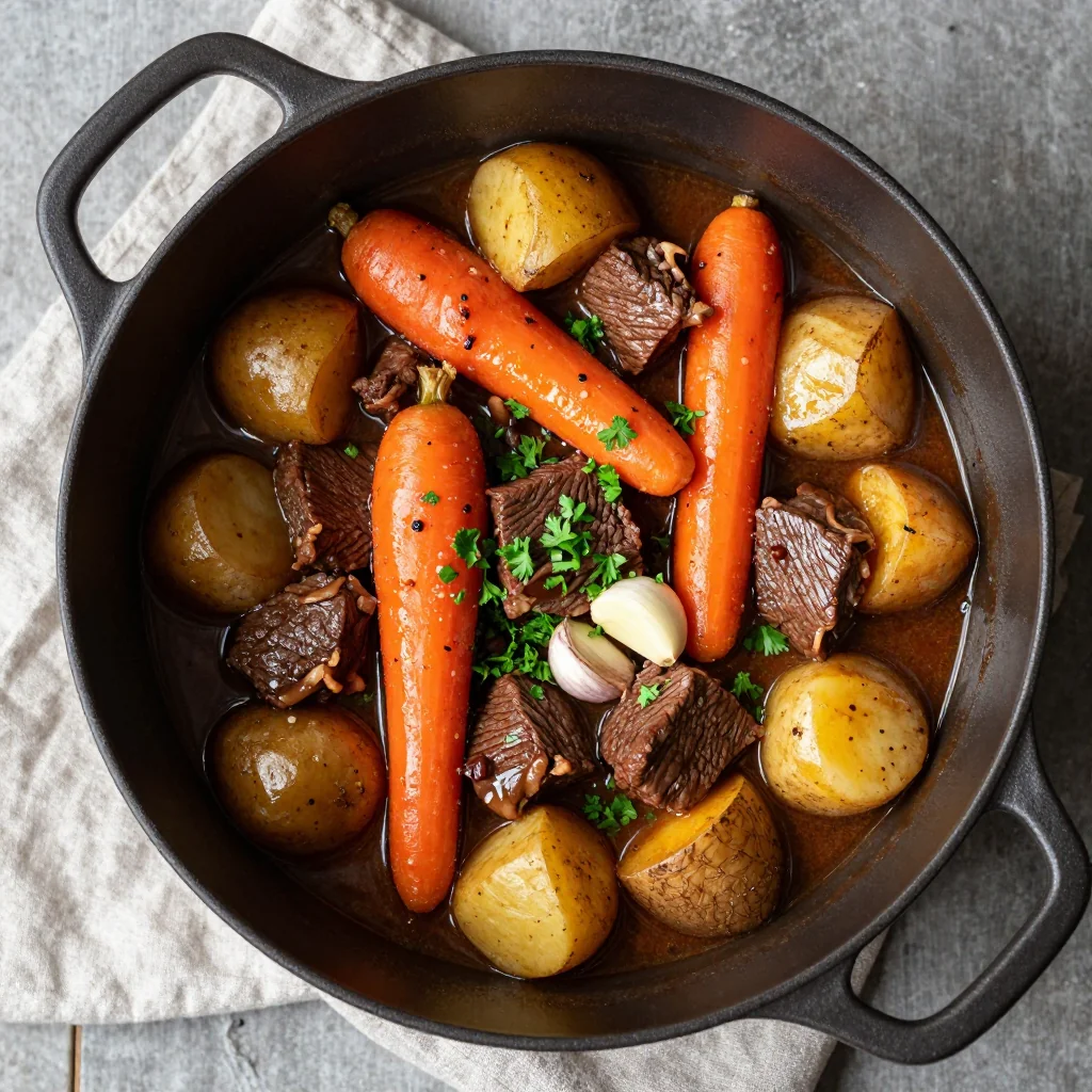 onepot slow cooker beef and root vegetable stew with fresh garlic