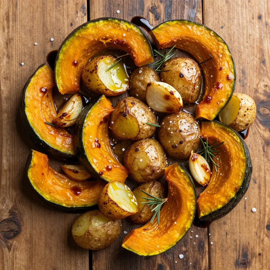 roasted winter squash and potatoes with garlic for comfort meals