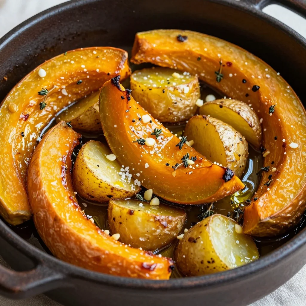 roasted winter squash and potatoes with garlic for comfort meals