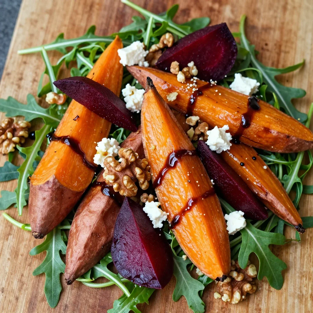 rustic roasted sweet potato and beet salad with garlic and thyme