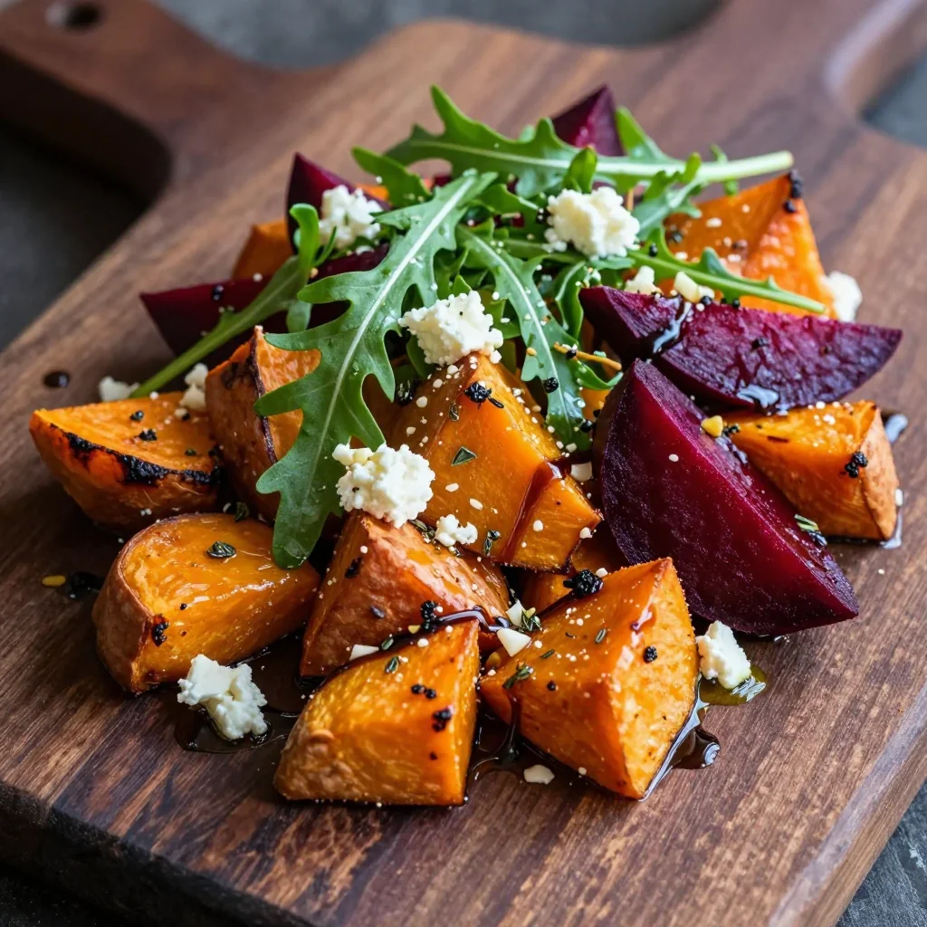 rustic roasted sweet potato and beet salad with garlic and thyme