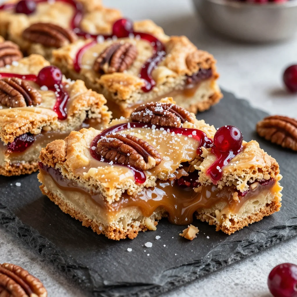salted caramel pecan blondies with cranberry swirl for holiday baking
