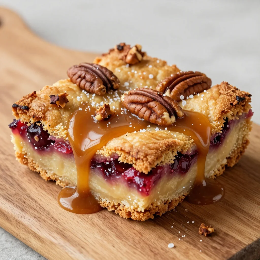 salted caramel pecan blondies with cranberry swirl for holiday baking