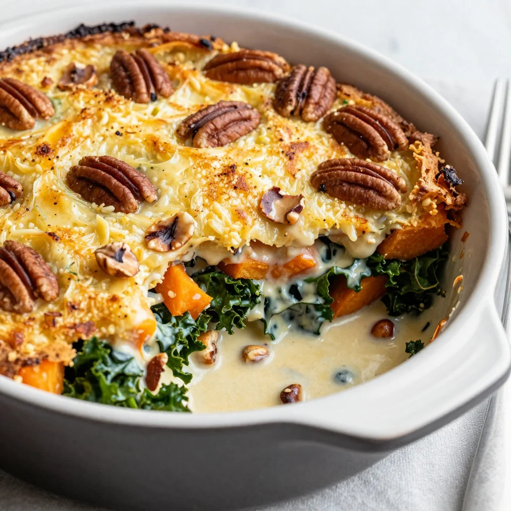 savory sweet potato and kale gratin with toasted pecan crust for holidays
