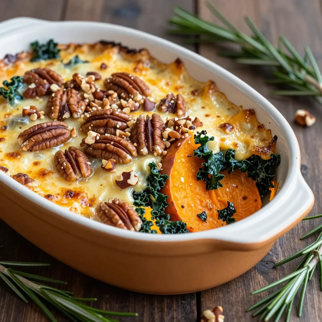 savory sweet potato and kale gratin with toasted pecan crust for holidays