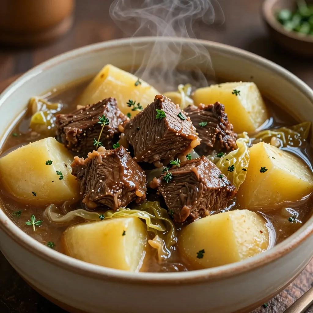 slow cooker beef and cabbage stew with fresh herbs for cold weather comfort