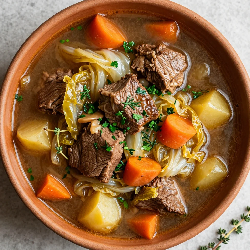 slow cooker beef and cabbage stew with fresh herbs for cold weather comfort