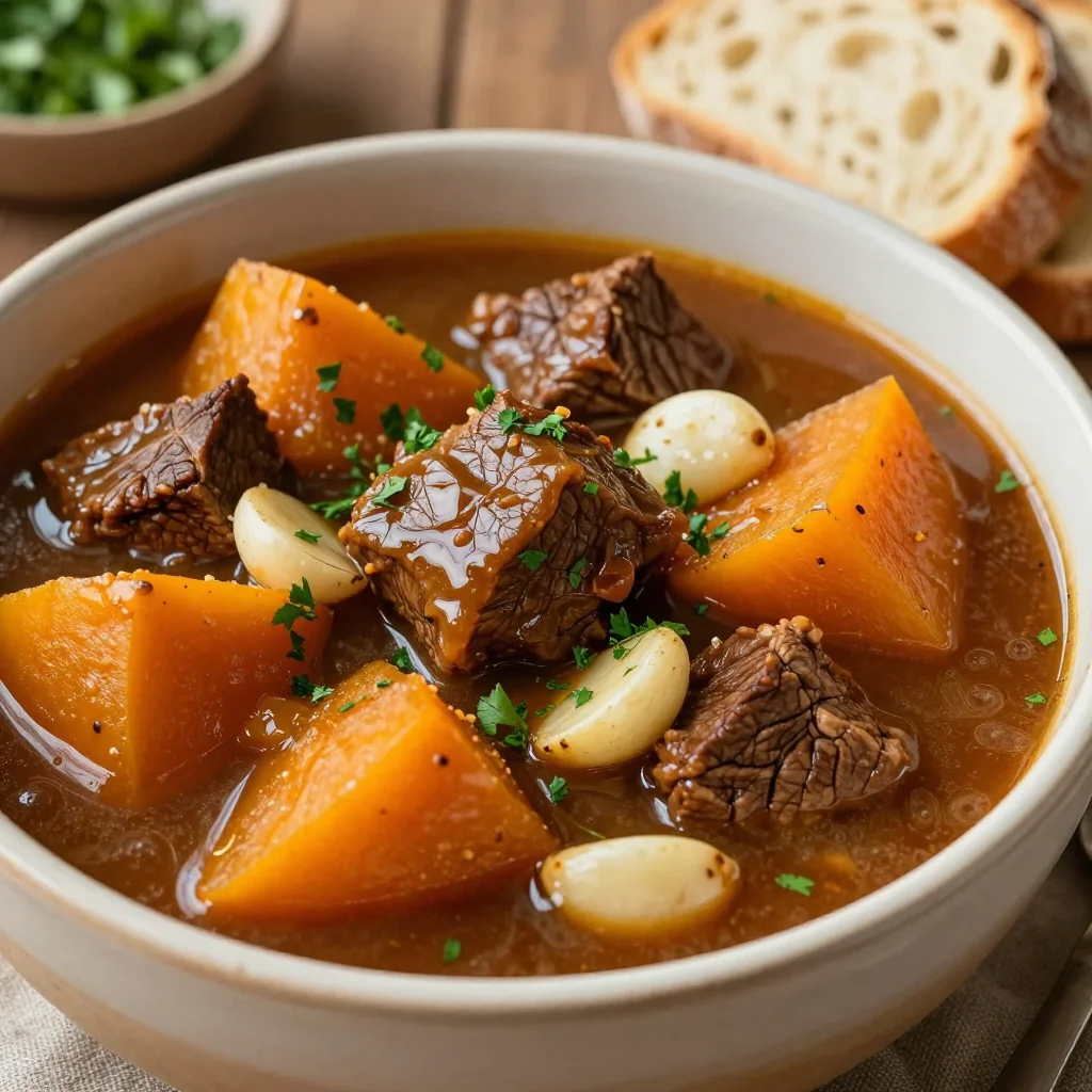slow cooker beef and winter squash stew with garlic for family dinners