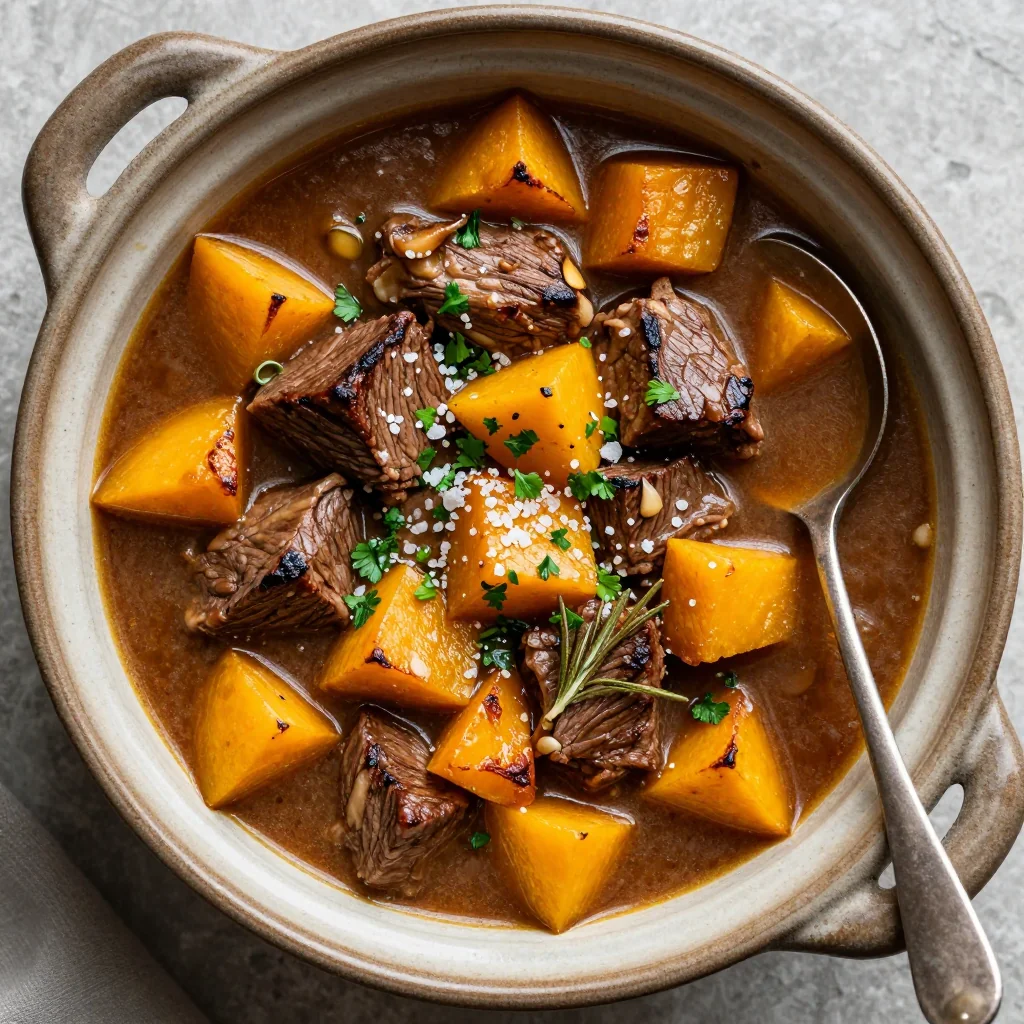 slow cooker beef and winter squash stew with garlic for family dinners