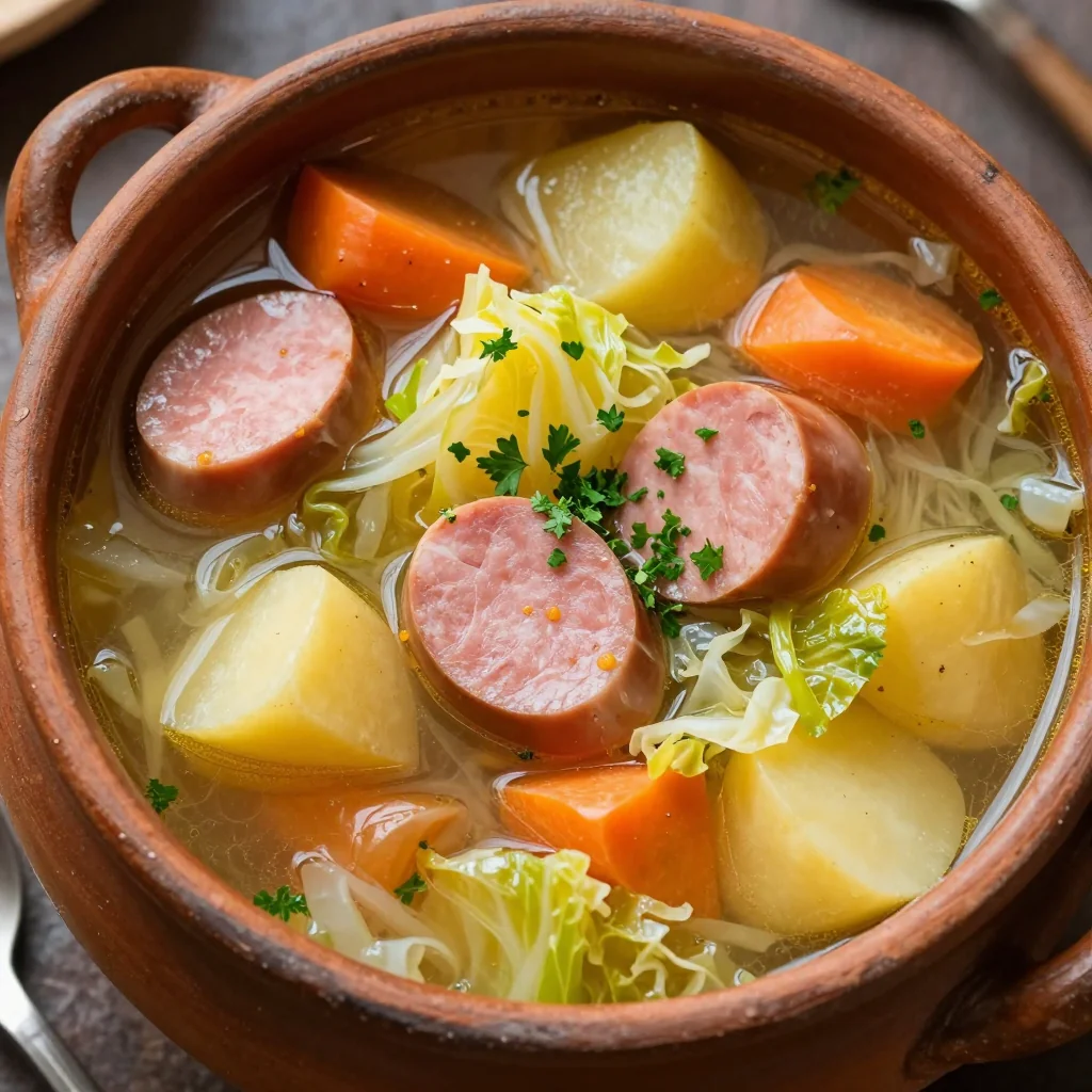 slow cooker cabbage and sausage soup with root vegetables