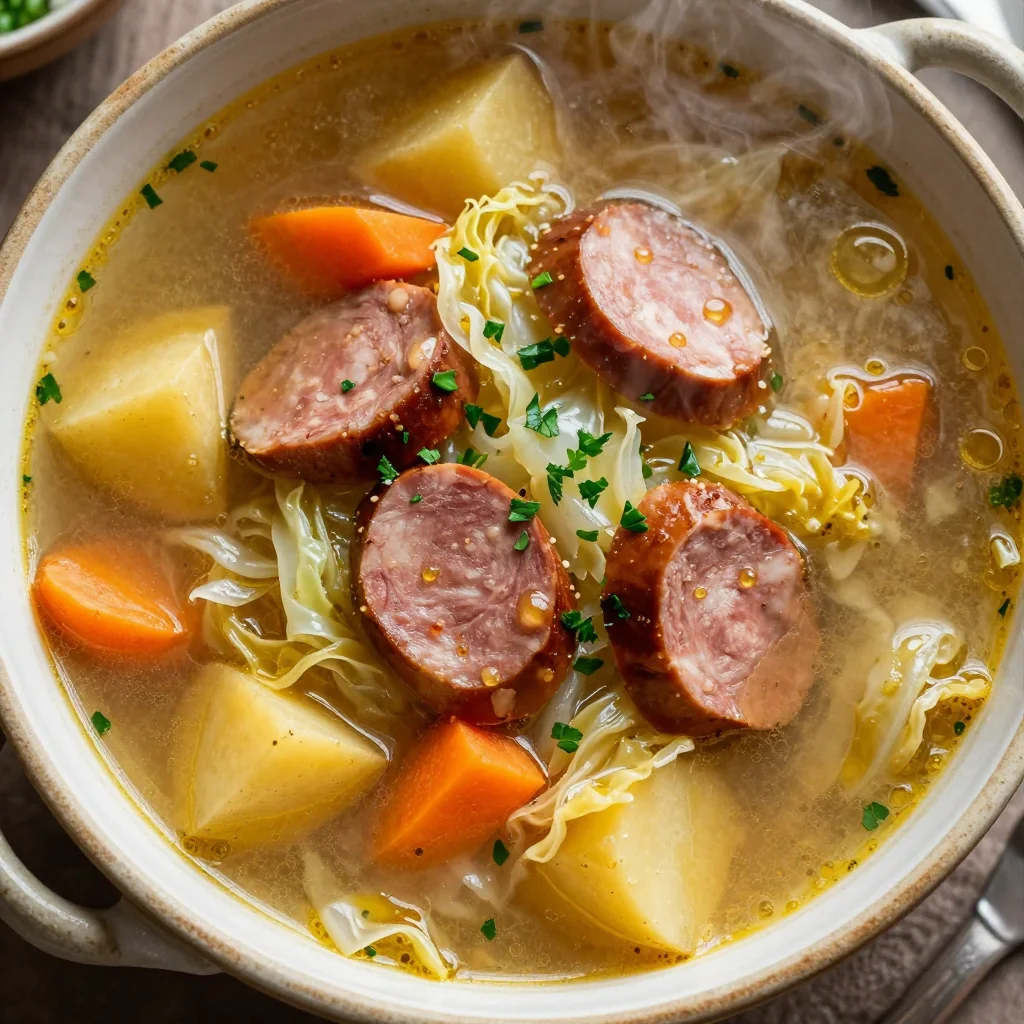 slow cooker cabbage and sausage soup with root vegetables