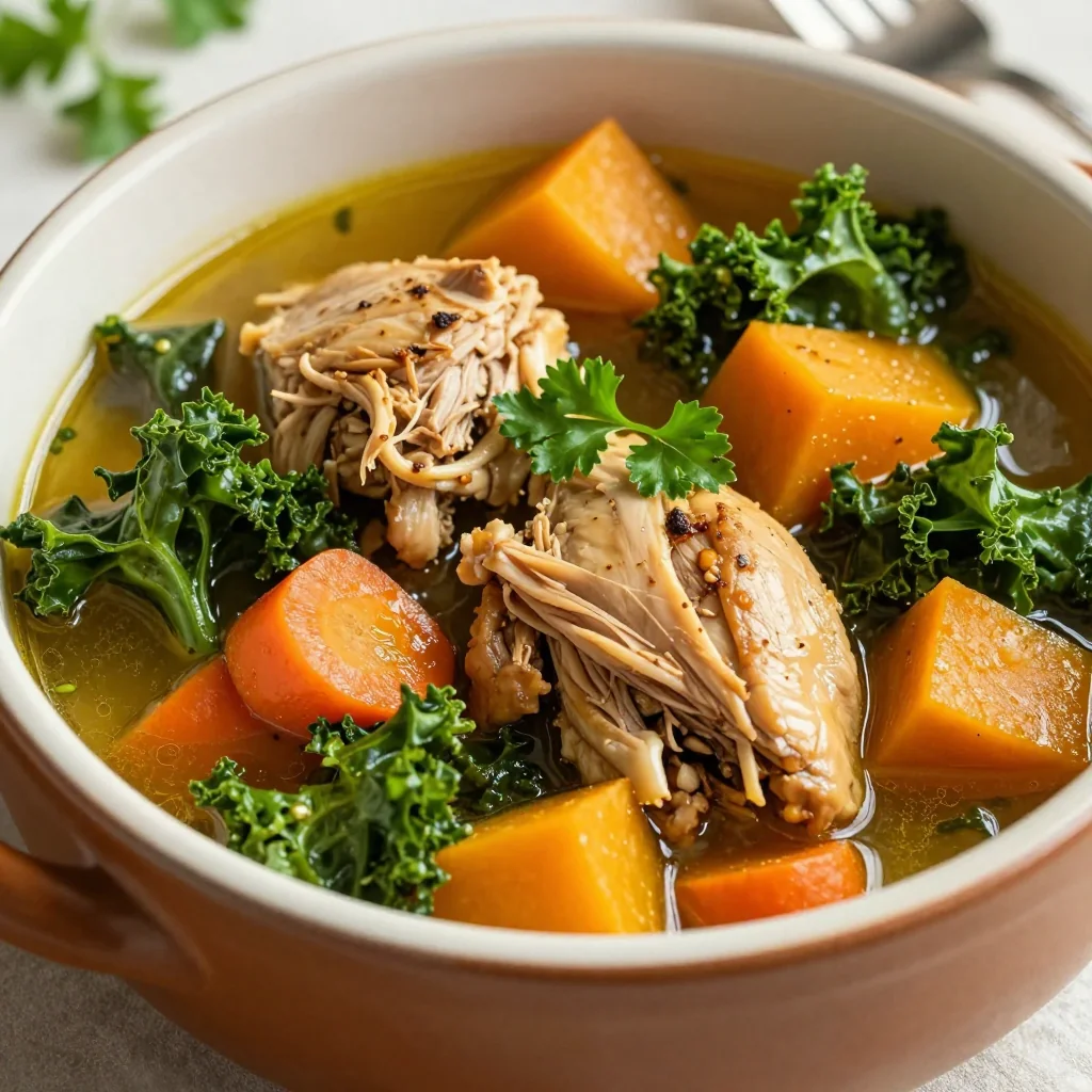slow cooker chicken and kale stew with carrots and winter squash for dinners