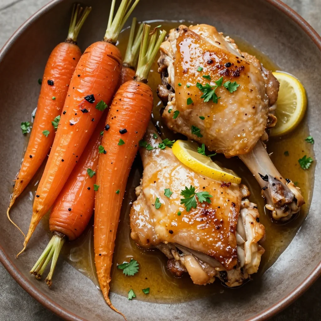 slow cooker garlic and lemon chicken with roasted carrots and parsnips