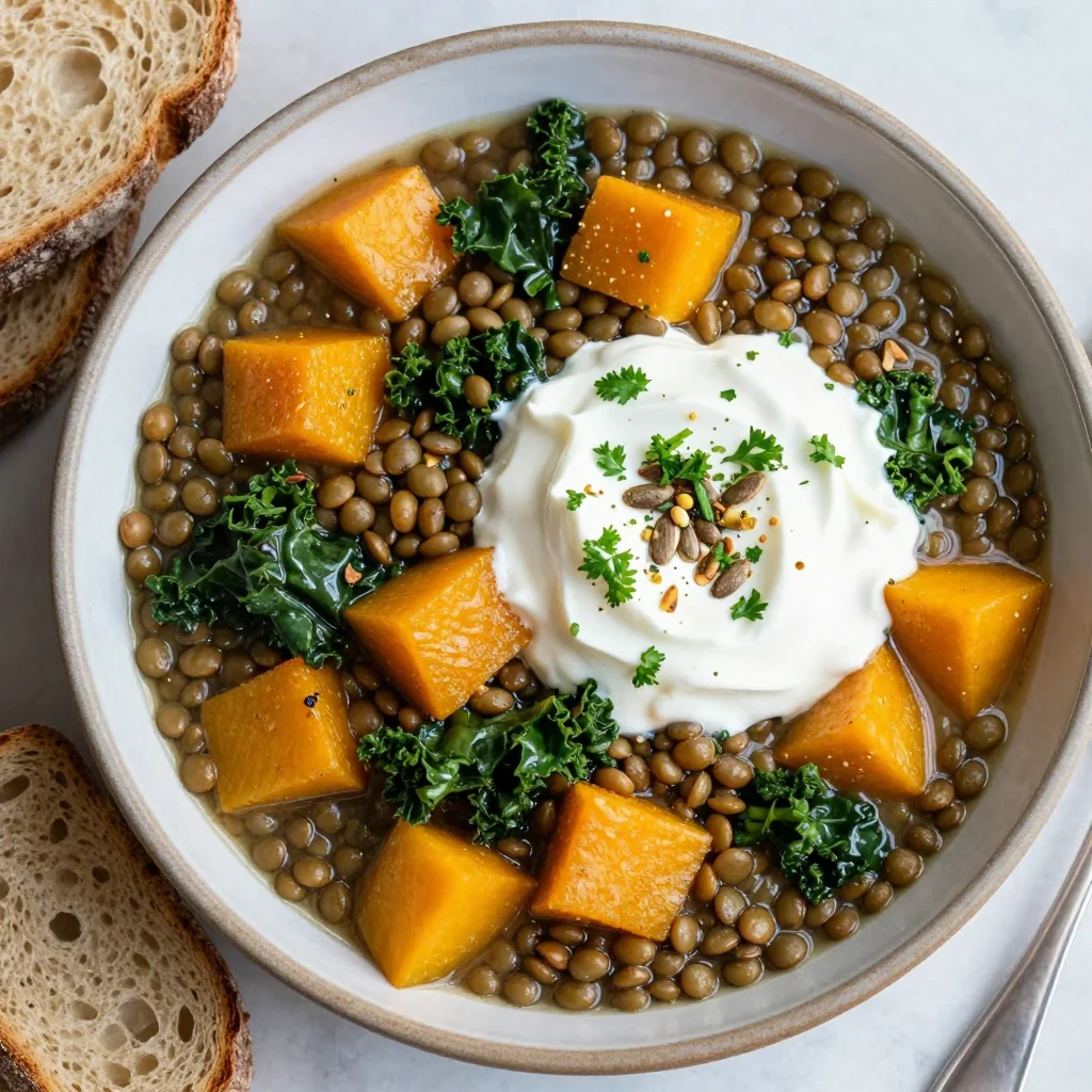 slow cooker high protein lentil and winter squash stew for clean january meals
