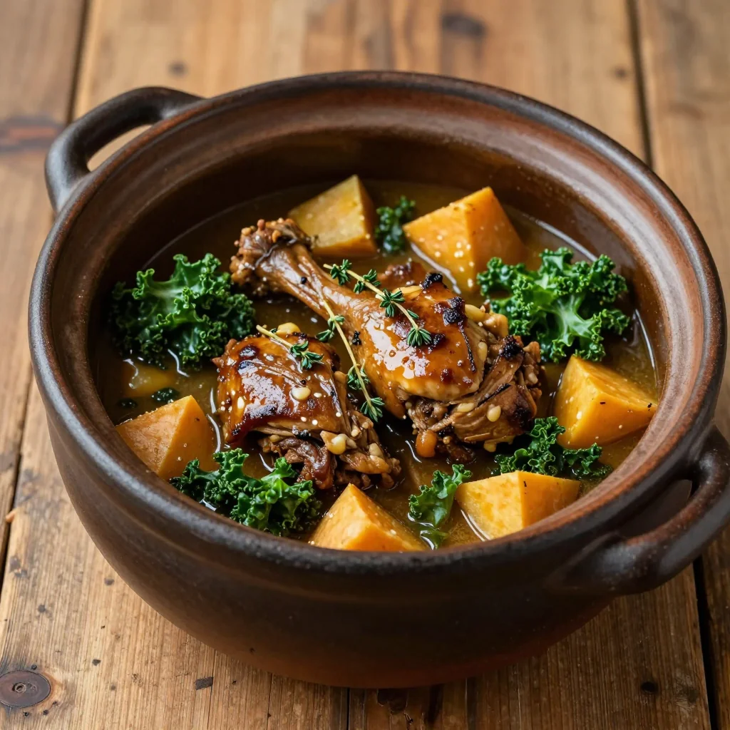 slow cooker high protein turkey stew with kale and sweet potatoes