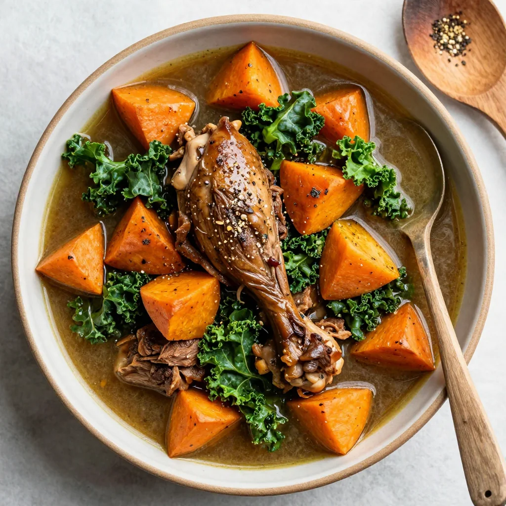 slow cooker high protein turkey stew with kale and sweet potatoes