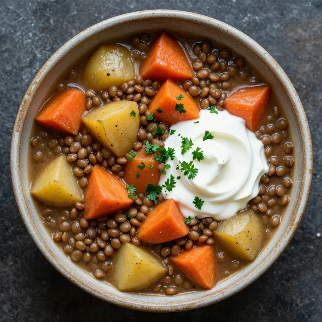 slow cooker lentil and root veggie stew packed with protein for families
