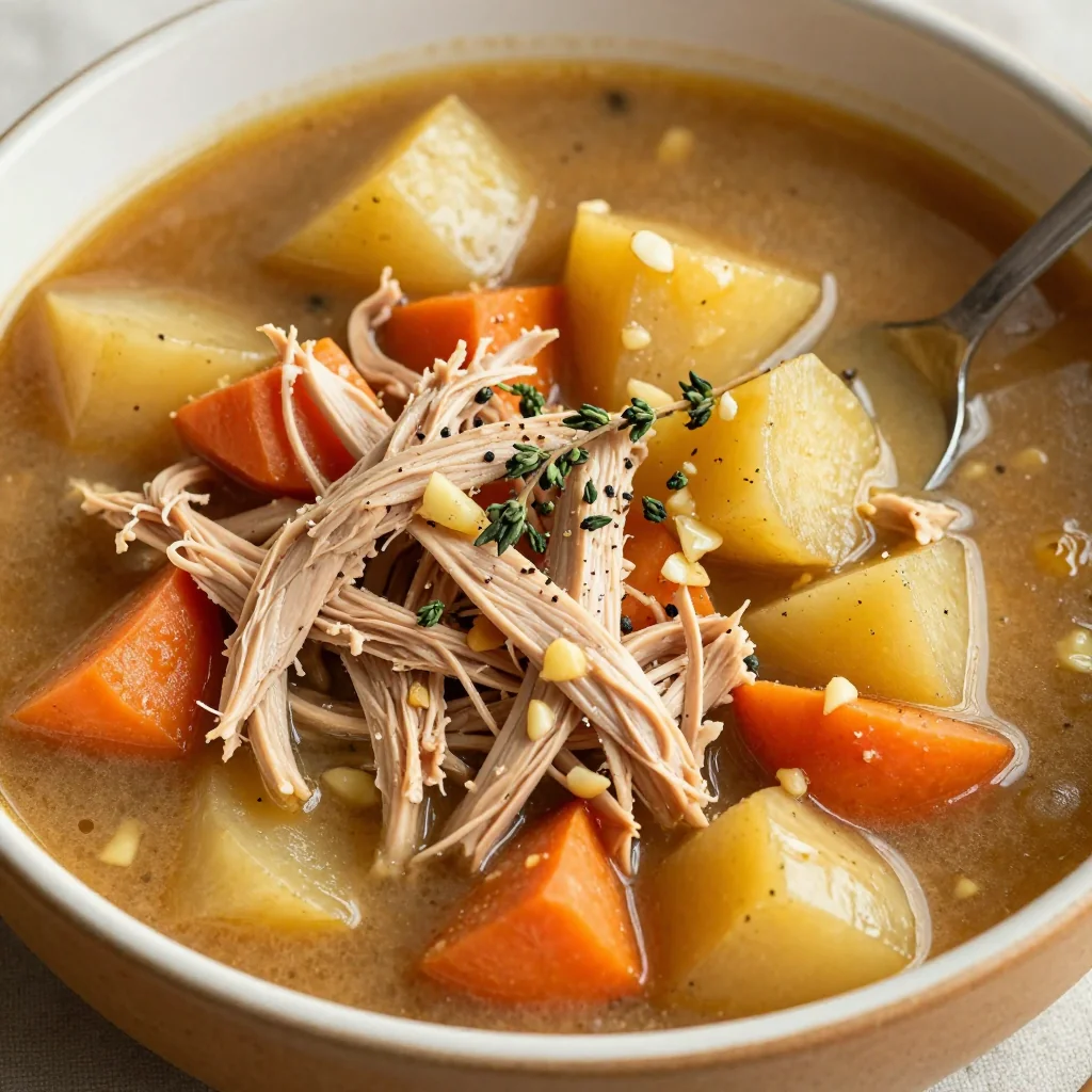 slow cooker turkey and winter vegetable stew with garlic for meal prep
