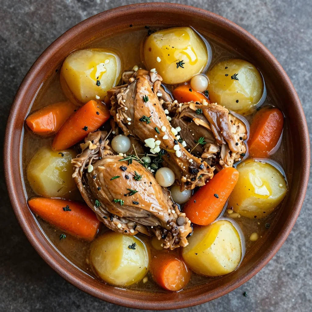 slow cooker turkey and winter vegetable stew with garlic for meal prep