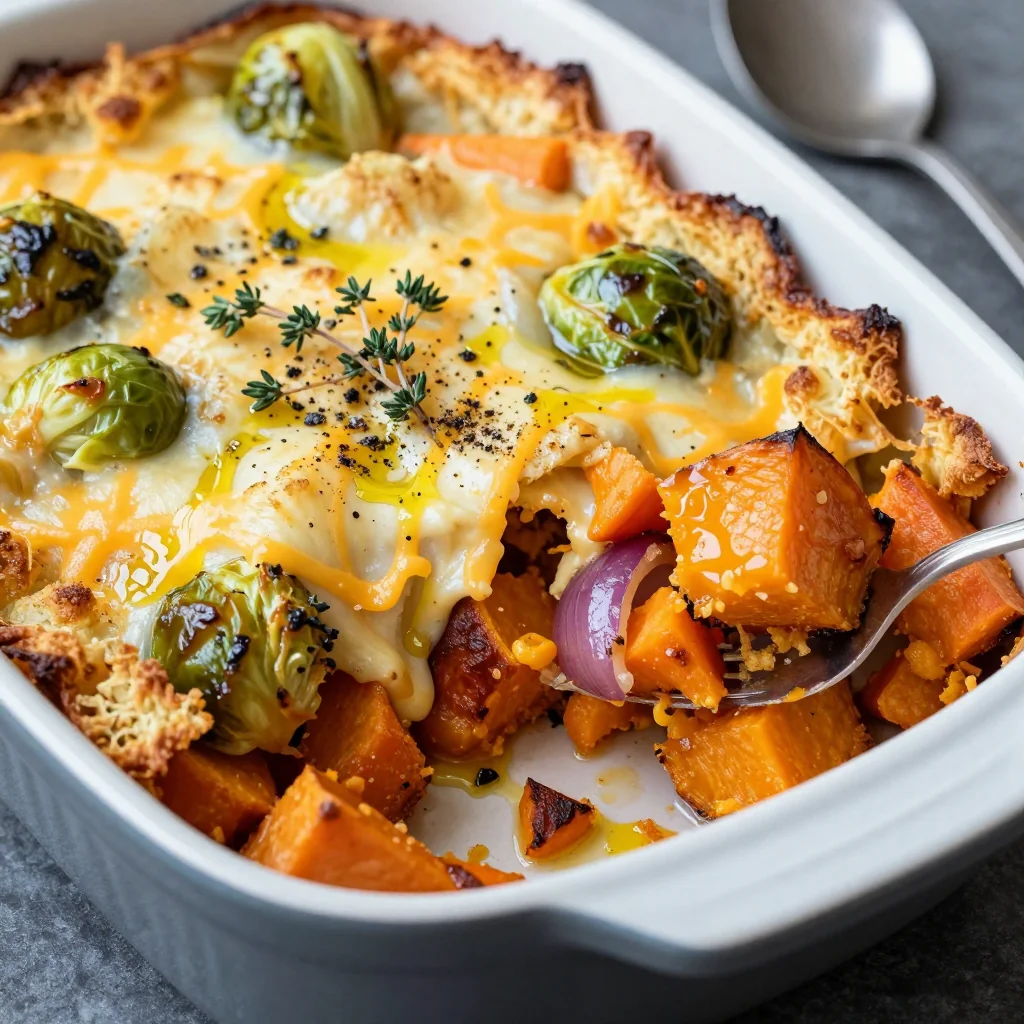warm breakfast casserole with sweet potatoes and winter vegetables