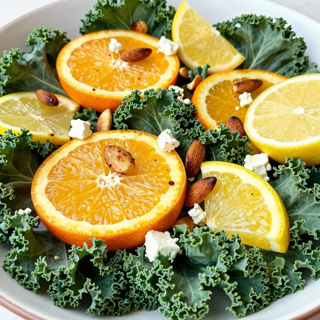 A shallow bowl of glistening kale, orange jewels, and golden pumpkin seeds steam rising like winter breath