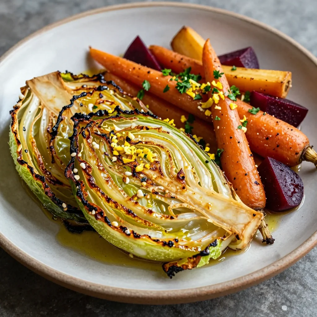 warm garlic roasted cabbage and root vegetables with lemon zest