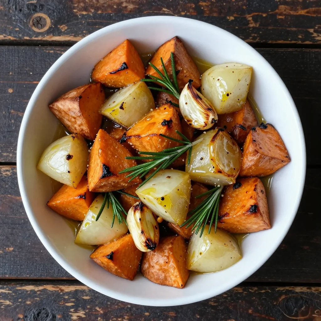 warm garlic roasted sweet potato and turnip medley for family dinners