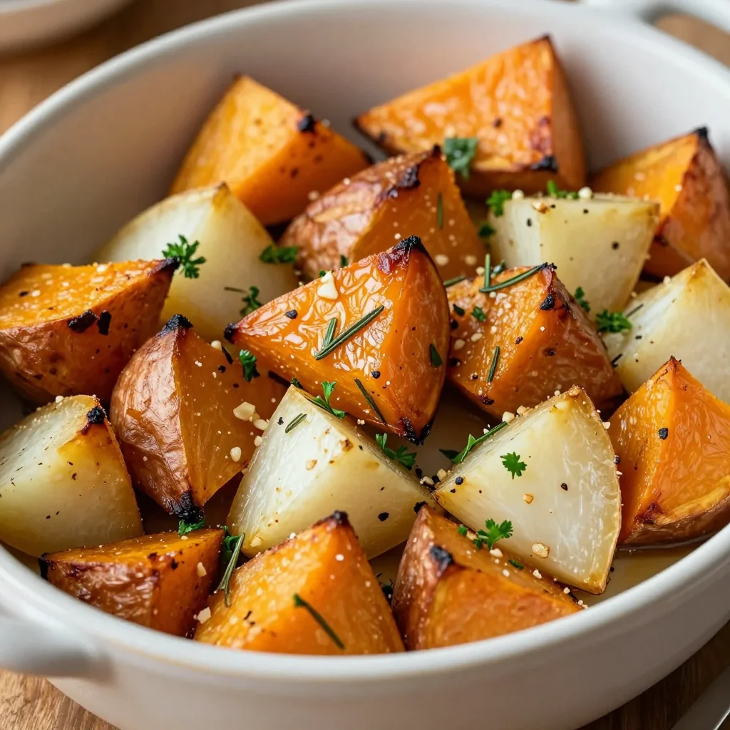 warm garlic roasted sweet potato and turnip medley for family dinners