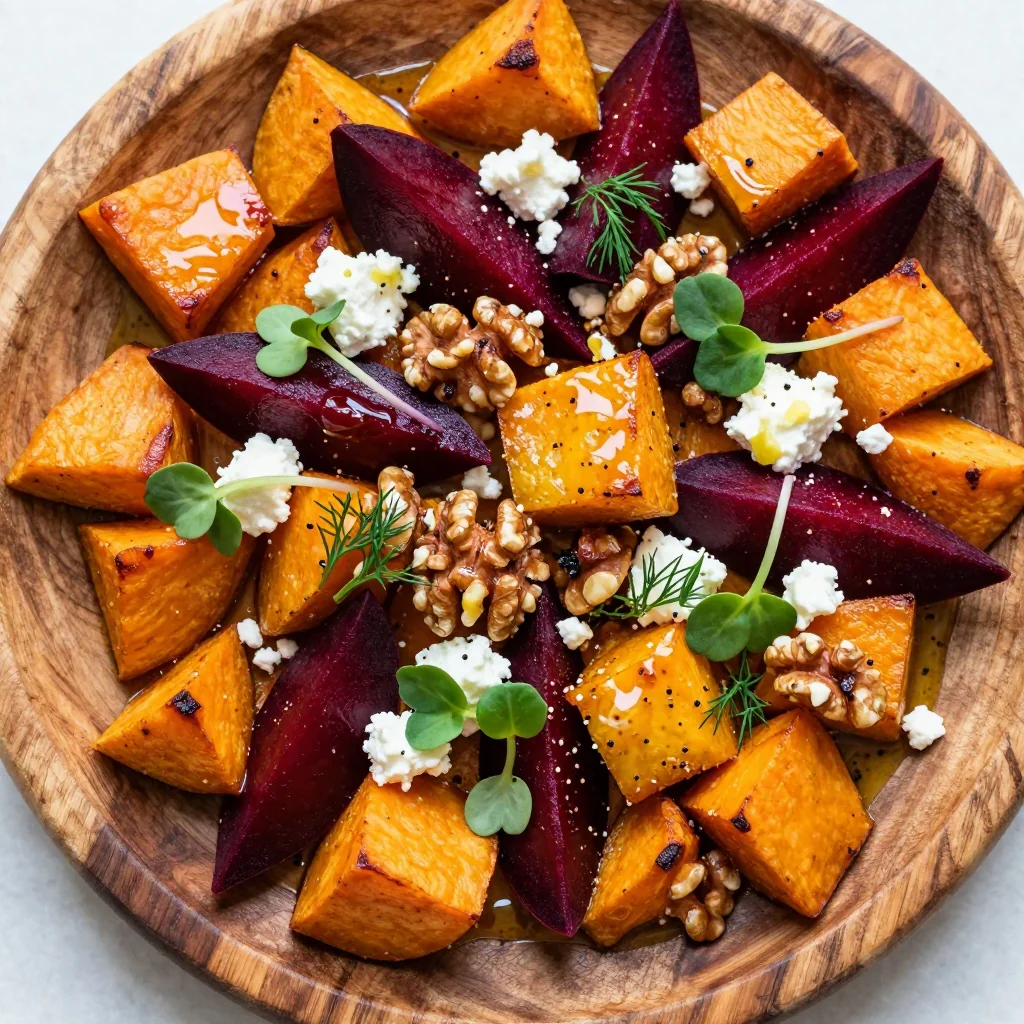 warm roasted beet and sweet potato salad with fresh lemon dressing