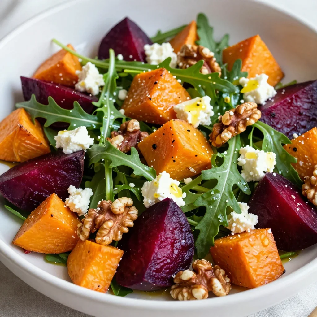 warm roasted beet and sweet potato salad with fresh lemon dressing