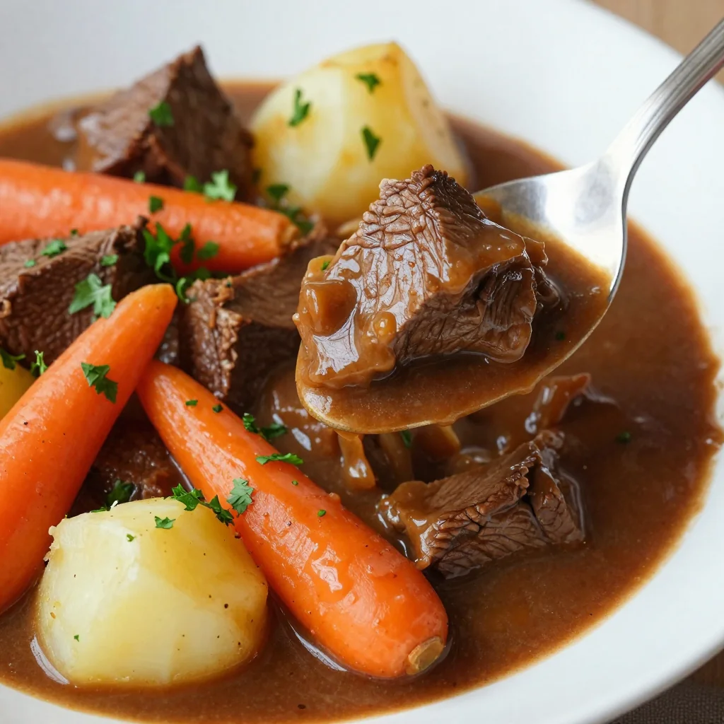 warm slow cooker beef stew with carrots potatoes and turnips