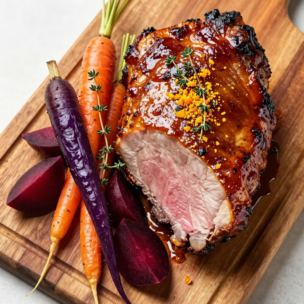 warm slowroasted pork loin with citrus glaze and winter roots