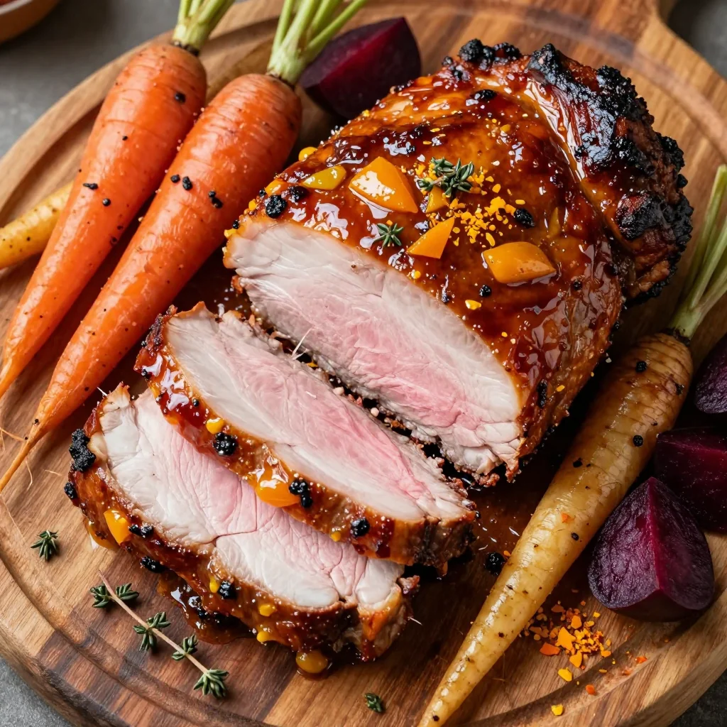 warm slowroasted pork loin with citrus glaze and winter roots
