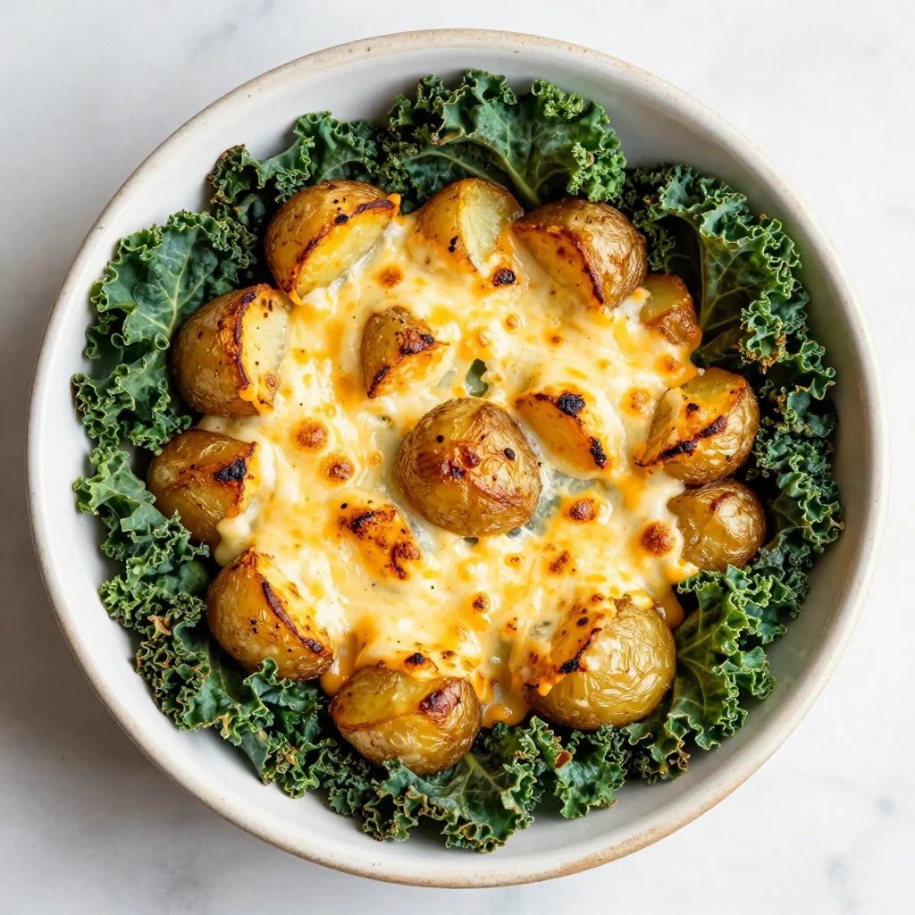 warm winter brunch bake with potatoes kale and melted cheese