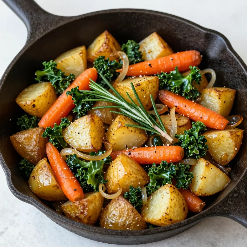 warm winter vegetable and potato hash with rosemary and garlic