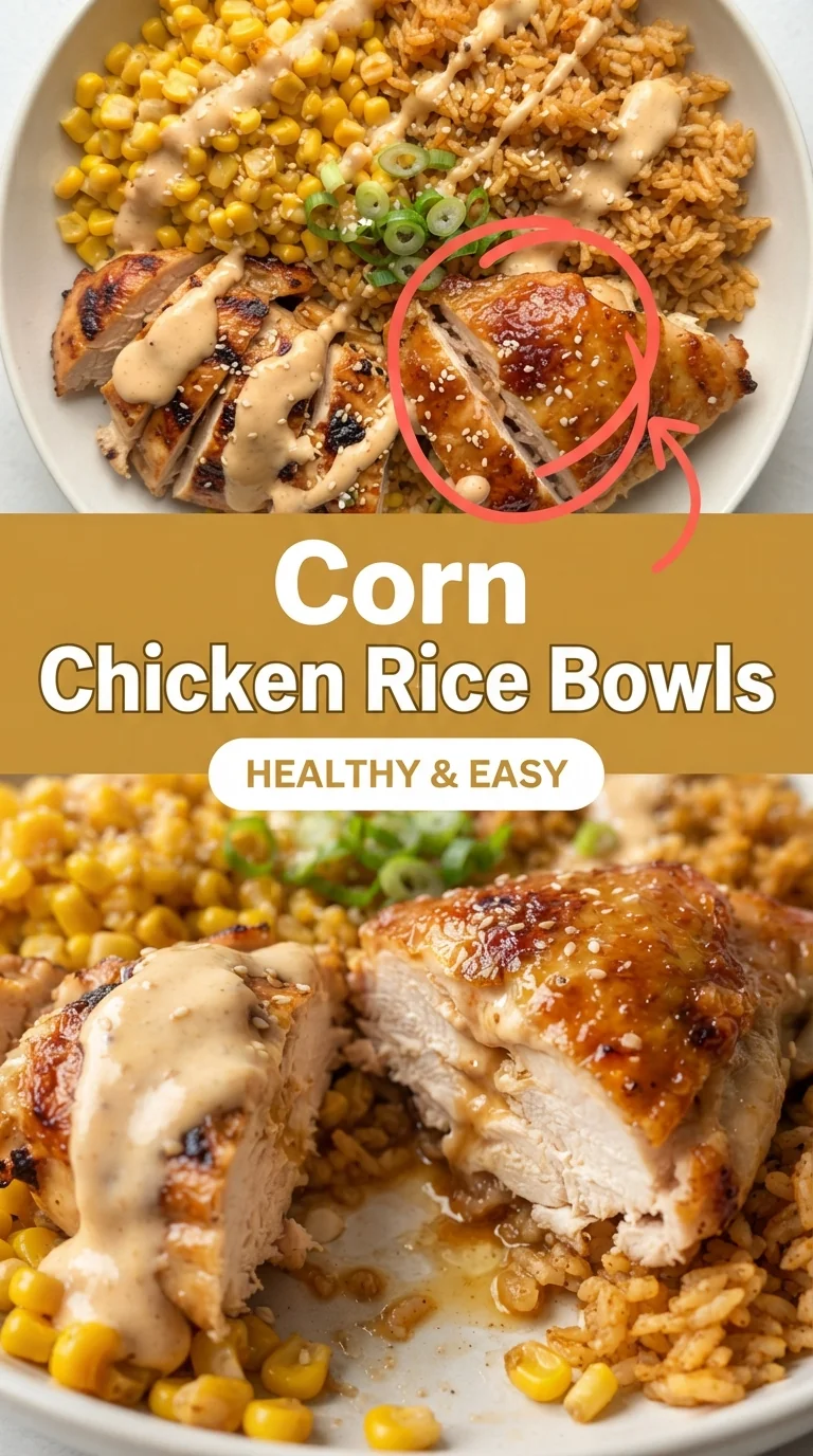 A bowl of white rice topped with golden chicken pieces, yellow corn kernels, shredded red cabbage, sliced avocado, green
